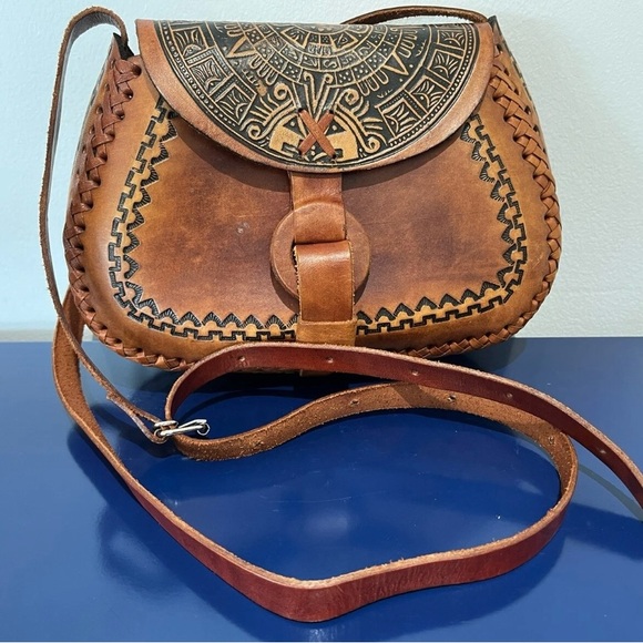 Aztec Calendar Tooled Leather Purse Brown Saddle Bag Satchel Vintage 70s Mexico